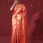 Persian Red Kanjivaram Silk Saree With Floral-Fauna Weaving