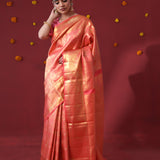 Persian Red Kanjivaram Silk Saree With Floral-Fauna Weaving