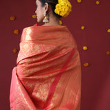 Persian Red Kanjivaram Silk Saree With Floral-Fauna Weaving